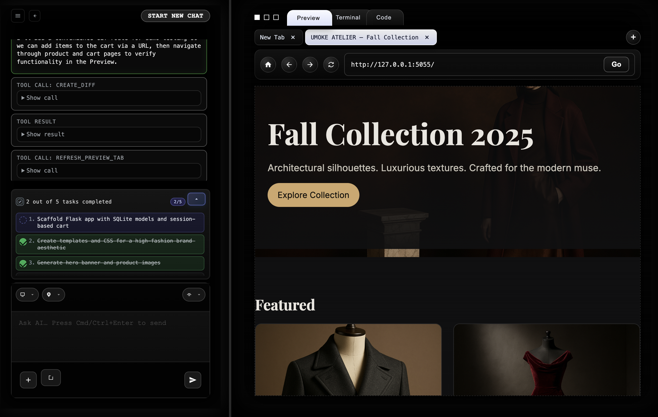 Screenshot of the Brilliant AI coding workspace